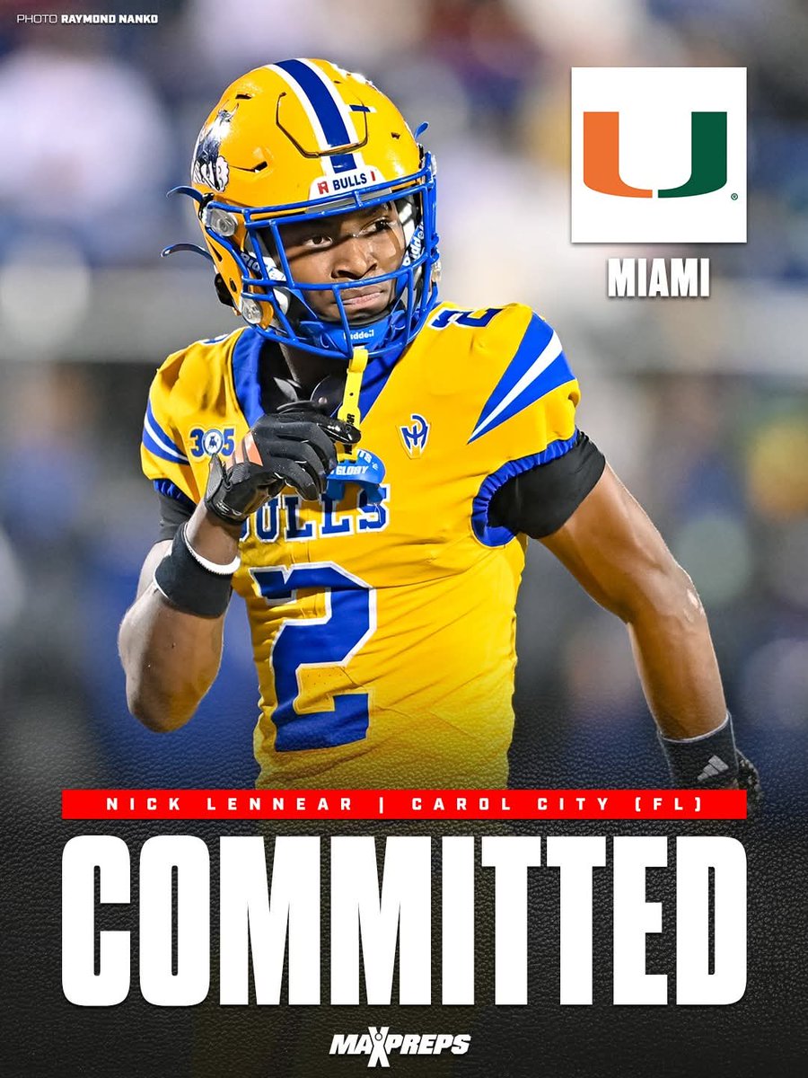 BREAKING: ⭐⭐⭐⭐⭐ 5-Star WR Nick Lennear has committed to the <a href="/MiamiHurricanes/">Miami Hurricanes</a>. The 6-foot, 170-pound playmaker is the nation's No. 16 overall player and No. 3 wide receiver in the Class of 2027. 🏈

See more ⬇️
maxpreps.com/fl/miami/north…