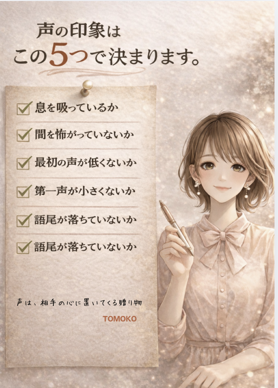 【声の印象はこの5つで決まります。】
話し方を変える前にまずここ。

1⃣息を吸っているか
焦ると呼吸は浅くなる
まず一回、吸う

2⃣間を怖がっていないか
沈黙は
相手の頭の中で
言葉が届いている時間

3⃣最初の声が低くないか
実は多くの人が
少し低くて暗い声になりがち
特に最初は、2割ほど上げる