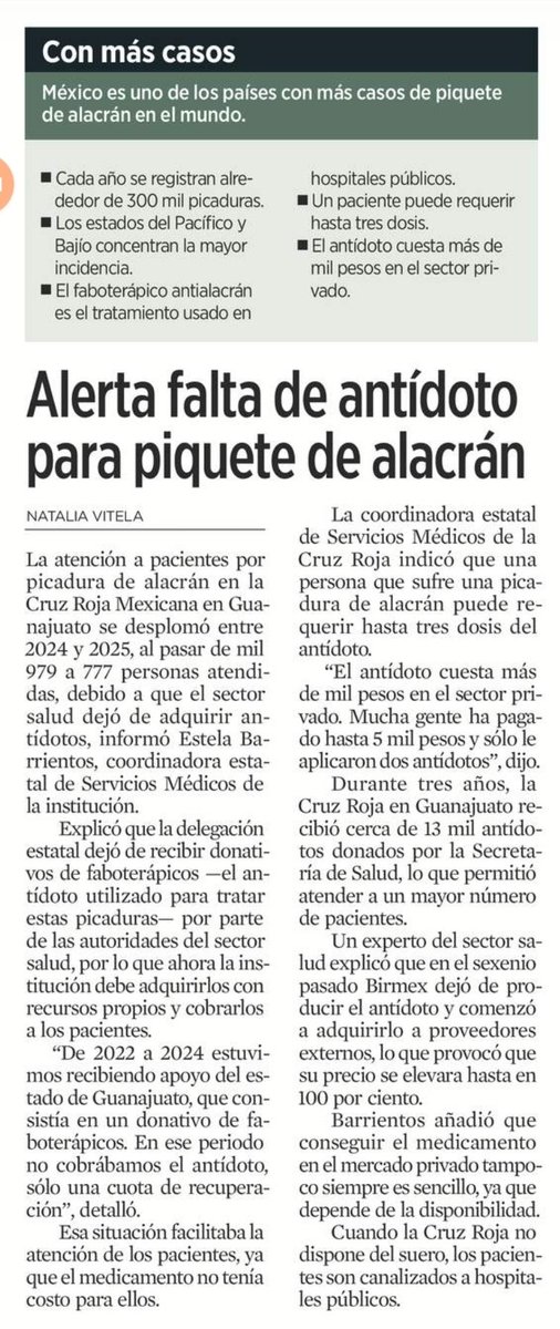 ¡ Que poca MDRE !

López Obrador ordenó a BIRMEX que dejara de producir el antídoto contra las picaduras de alacrán.

Ahora no hay antídoto y tienen que comprarlo a precios muy elevados a proveedores externos.

Esta es la herencia maldita que dejó.

Disfruten..