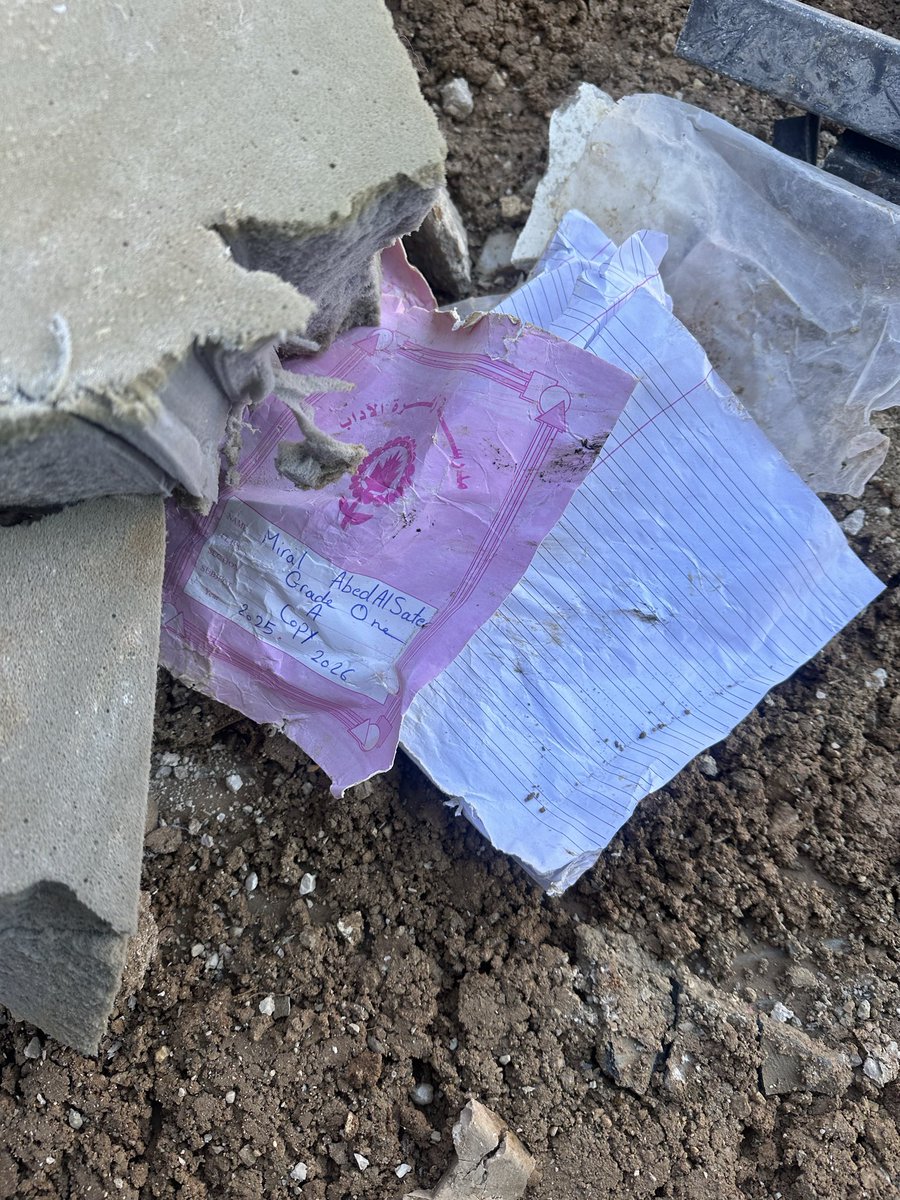 On Wednesday, an Israeli strike on a residential building in Baalbek killed nine people, including three children. Among the victims was schoolgirl Miral Abdel Sater. 

This is her notebook, found amid the rubble.