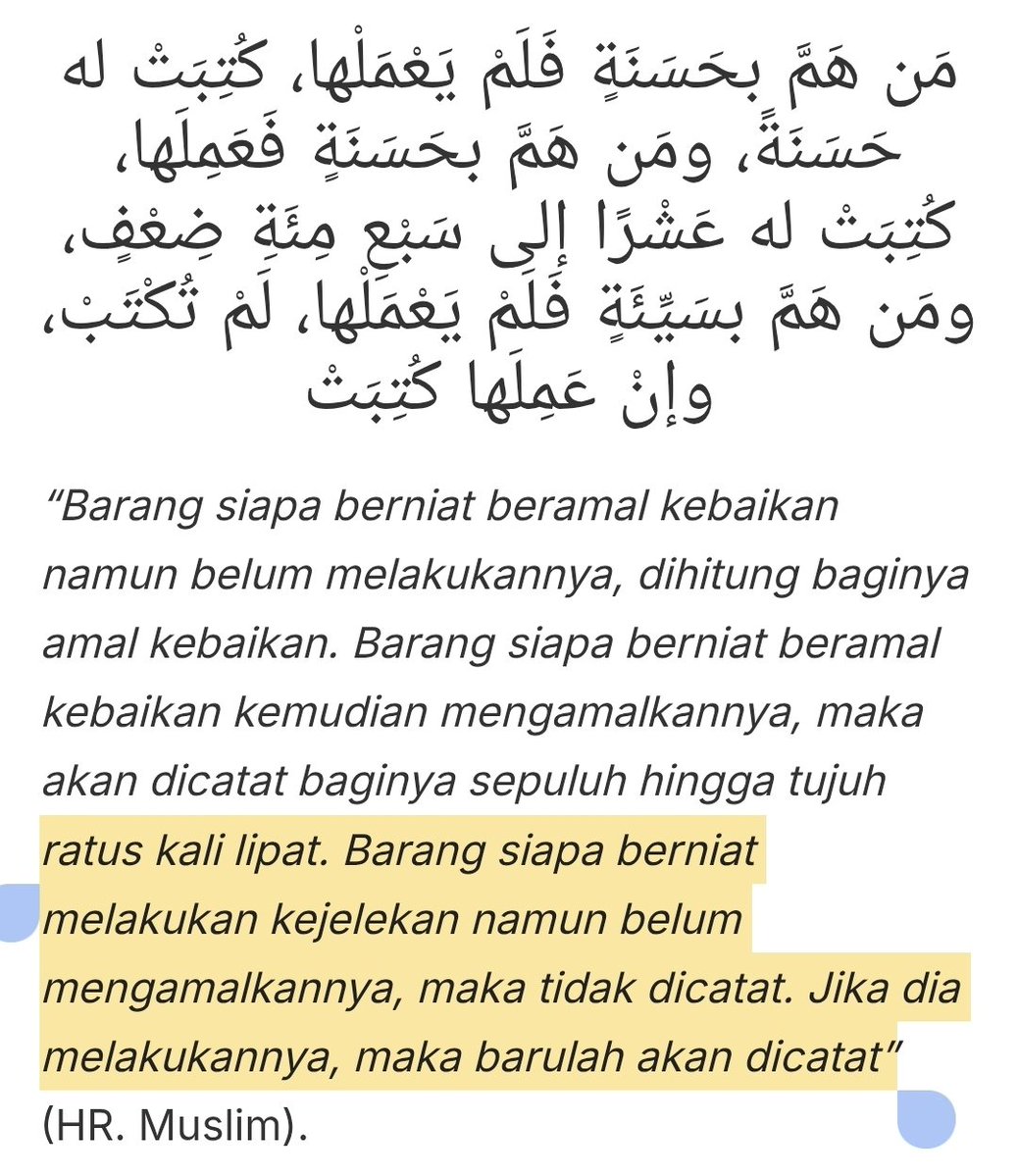 ini salah satu yg buat pangling 🥹❤️

tau ga? kalo berniat ngelakuin  kebaikan meski belom terlaksana udh Allah catet sebagai kebaikan, dan kalo di lakuin di kaliin sampe 700x,

beda kalo berniat buruk, ga di catet selama ga bertekad, itupun kalo di lakuin di catetnya 1 dosa aja