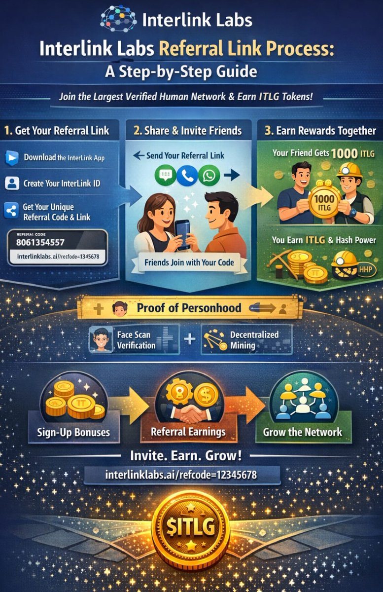dondapati92's tweet photo. #InterLink #ITLG #ITL 
Interlink Labs Referral Link Process: A Step-by-Step Guide
Interlink Labs (also known as InterLink Network or Interlink Labs) is a human-centric blockchain project building a decentralized network verified by real people through AI-powered facial recognition and Proof of Personhood. It aims to create the world's largest verified human network, allowing users to mine $ITLG tokens (utility token) via the InterLink App, participate in airdrops, and earn rewards by growing the community.
The referral system is a key way to boost earnings — both for the referrer and the new user. Using a referral link or code during signup often grants bonus points/coins (like 1000 ITLG or extra Human Hash Power for mining boosts), and referrers earn ongoing rewards as their network grows (e.g., share of hash power or referral bonuses).
How the Referral Link Process Works
Get Your Referral Link or Code
Download and install the official InterLink App from https://t.co/EhVhxXCaSC or the app stores (search for "InterLink Network" or similar).
Sign up by creating an InterLink ID (choose a 4-12 character ID), set a PIN, and complete face scan verification for Proof of Personhood.
Once logged in, go to your profile or the "Refer Friends" / "Referrals" section.
Your unique referral code (usually a numeric string like 8061354557 or 6415310662) and personalized referral link will be displayed.
Example format: https://t.co/zXj7avhDqf
Copy and share this link/code with friends via WhatsApp, Instagram, Telegram, Facebook, etc.
How New Users Join Using a Referral Link/Code
Click the shared referral link (e.g., https://t.co/zRXkmcEzE7) — it often directs to download or open the app.
Install/open the app and start registration.
During signup:
Create your InterLink ID.
Set PIN and confirm.
Complete face scan/liveness detection for verification.
When prompted for a referral/invite code (often in the referral section or during onboarding), enter the code provided in the link.
Some users report automatic application via the link; others manually enter it in "Referrals" > "Human Hash" or similar to claim bonuses like extra 0.5 HHP (Human Hash Power) per mining cycle or instant 1000 ITLG points.
Submit/verify to activate — new users often get signup bonuses + referral rewards.
Earning Through Referrals
For the new user: Instant bonuses (e.g., 1000 ITLG airdrop points, extra mining power).
For you (referrer): Earn when your referrals mine, participate, or grow the network further. Rewards include shared hash power, ITLG tokens, or campaign prizes. The more active referrals you have, the higher your passive earnings.
Check the "Referrals" tab in the app to track your network, invited users, and rewards.
Tips for Success
Always use the official site/app (https://t.co/EhVhxXCaSC) to avoid scams/fakes.
Referral bonuses help boost mining rates — many users apply codes post-signup in the "Human Hash" section for extra power.
Share in crypto communities, social media, or groups for faster growth.
The project emphasizes real human verification, so face scans are mandatory — no bots allowed.
This referral process helps expand the Human Network while rewarding participants. If you're starting, joining via a referral link maximizes your initial rewards. Stay updated via the official app or whitepaper at https://t.co/5tIqiSImud for the latest features! 🚀