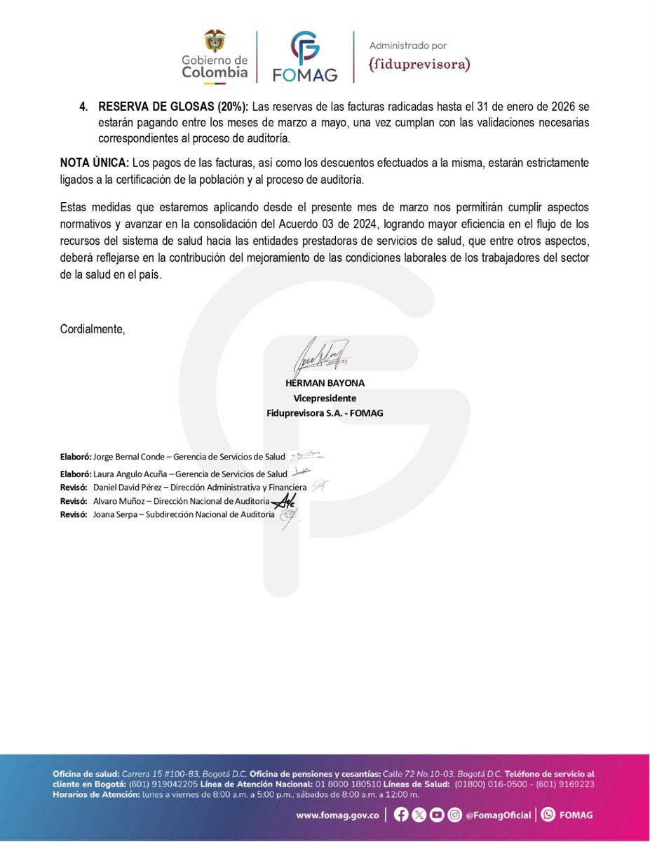 📄 Circular Externa 07 de 2026 | El FOMAG informa a la red prestadora de servicios de salud que, a partir de marzo de 2026, los servicios del primer nivel bajo modalidad capitada se pagarán al 100% y de manera anticipada, conforme a la normatividad vigente.

Esta medida busca