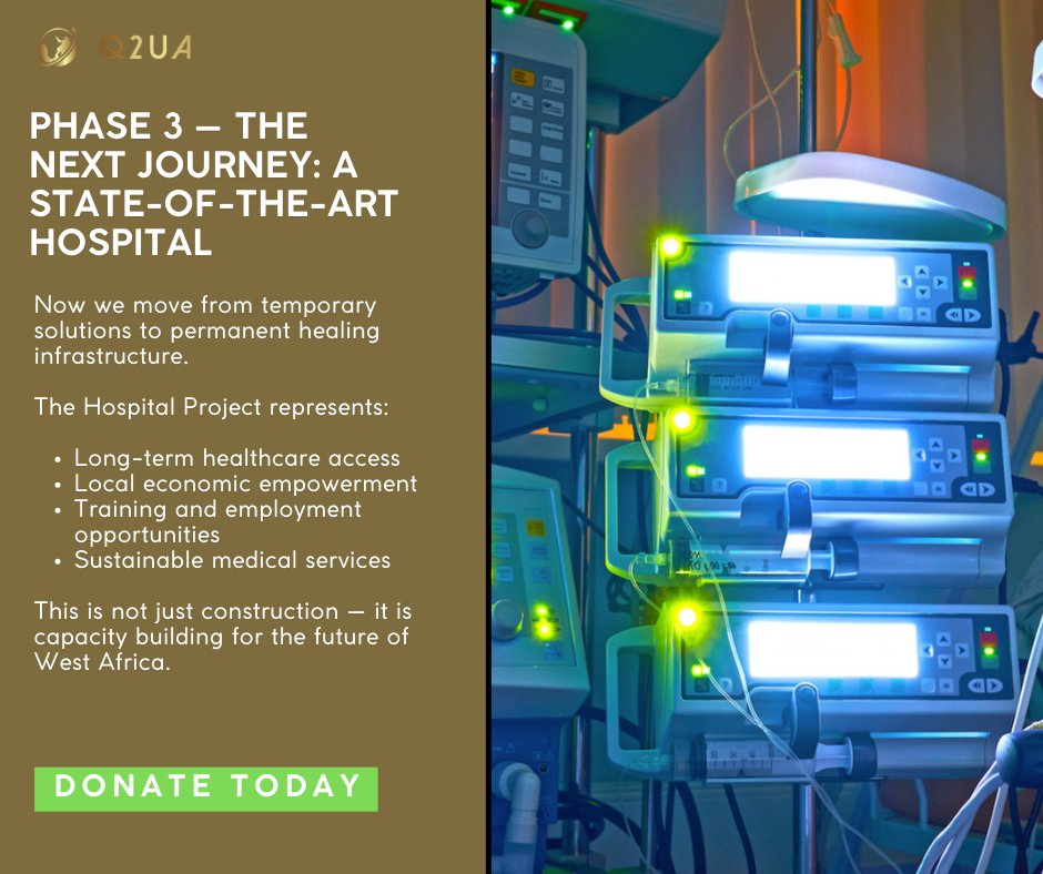 q2ua400's tweet image. Phase 3 of the Q2UA Hospital Project moves from temporary care to a state-of-the-art hospital for West Africa.

Help power sustainable healthcare, jobs, and lifesaving services. Donate today.

#HospitalProject #GlobalHealth #Q2UA