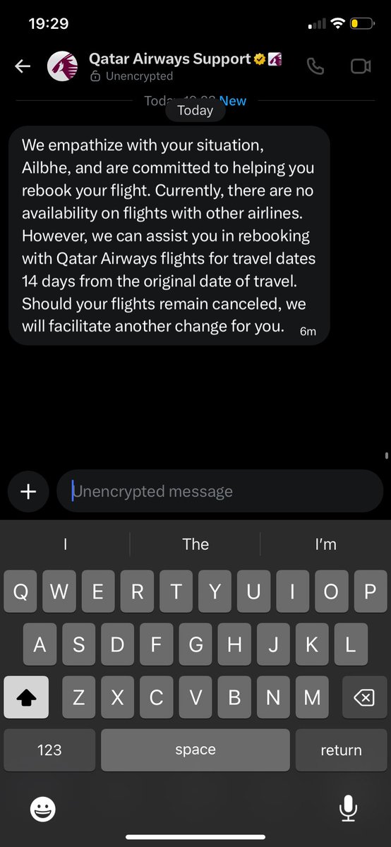 AilbheClare's tweet photo. Been messaging @qatarairways @qrsupport for the past week after being stranded since the 28th. Phone gets cut off after 3-4 hours wait each time so tried twitter. This is the third reply I’ve received in that entire time to basically be like no, starve bitch, you can wait 14 days https://t.co/OasVtWTu2q