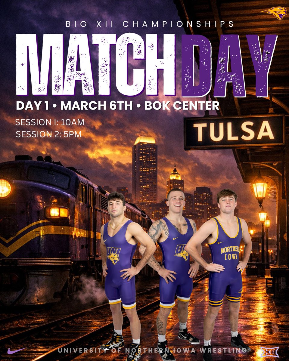 UNI_wrestling's tweet photo. Let's get the postseason party started‼️ 

🤼: Big 12 Championships (Day One)
📍: Tulsa, Okla.
🏟️: BOK Center
⏰: 10 a.m. / 5 p.m. CT
📺: https://t.co/QBfjDCV0v2
📊: https://t.co/W5xsekOEMX

#PantherTrain | #EverLoyal https://t.co/86ShaYJJi3