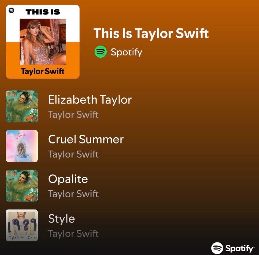 TheSwiftSociety's tweet photo. 🎶| “Elizabeth Taylor” by Taylor Swift” is now the first song on the “This Is Taylor Swift” playlist on Spotify

It was previously “The Fate of Ophelia” and “Opalite” https://t.co/ua1gChO1XX