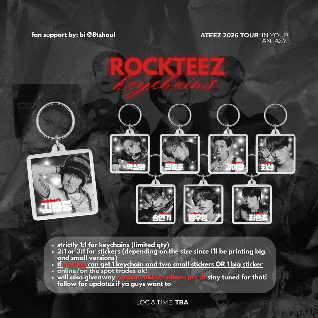 8tzhaul's tweet photo. ⭐️ 🎸 ROCKTEEZ KEYCHAINS (＾Ｏ＾☆♪ 
fan support by @8tzhaul

★ like, rt, mbf
★ keychains = prio trade (but will also give out randomly)
★ read photo for more deets
#ATEEZinManila #InYourFantasy_MNL #ATEEZ #에이티즈 https://t.co/bYVID228qg