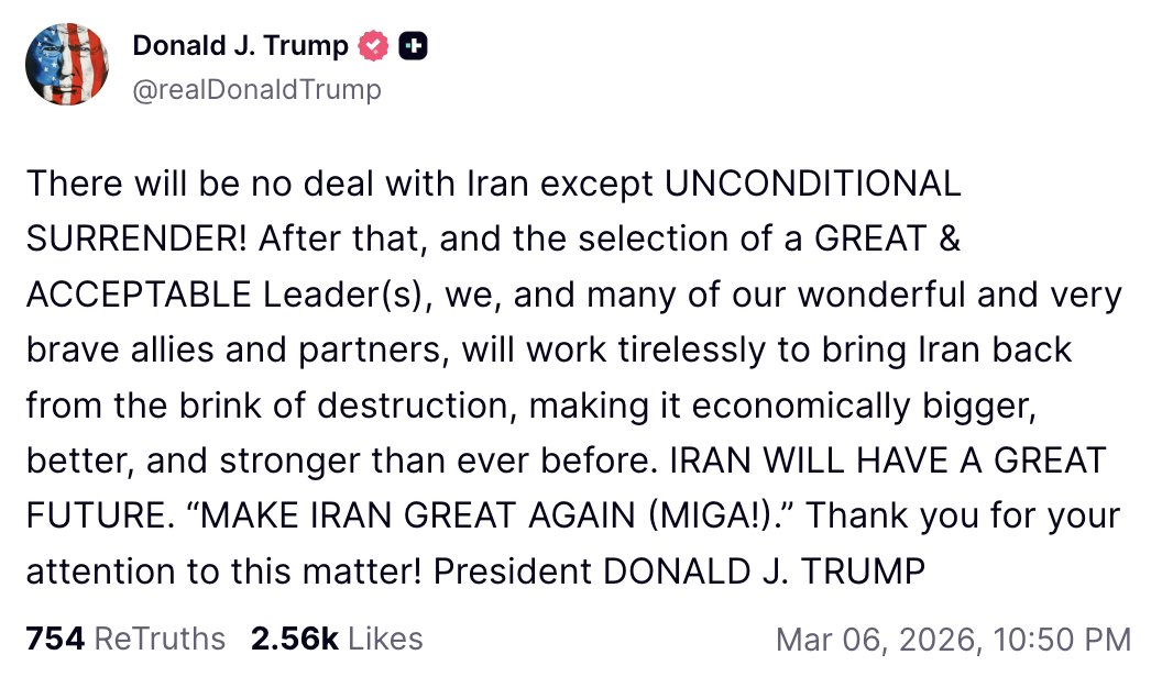 トランプ大統領、最新の投稿。全文。 「無条件降伏以外、イランとの