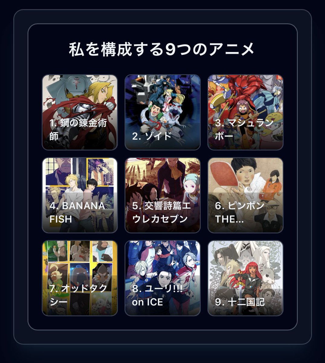 🙌

#私を構成する9つのアニメ

1. 鋼の錬金術師
2. ゾイド
3. マシュランボー
4. BANANA FISH
5. 交響詩篇エウレカセブン
6. ピンポン THE ANIMATION
7. オッドタクシー
8. ユーリ!!! on ICE
9. 十二国記

tlpt-telepath.github.io/9-animes/