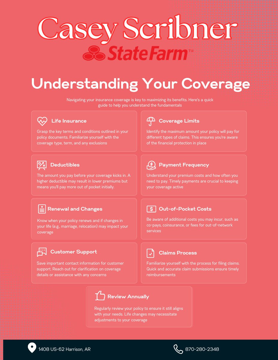 casey_scrib's tweet image. Need help understanding your coverage?
Give us a call today!
☎️870-280-2348
 #InsuranceHelp #CoverageQuestions #LifeInsurance #InsuranceTips #InsuranceCoverage #PolicyReview #HarrisonAR #CaseyScribnerStateFarm #WeWorkForYou #HarrisonARInsurance