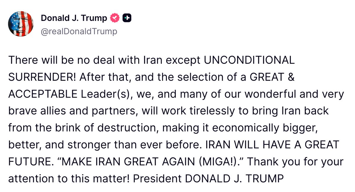 NEW: President Trump says "there will be no deal with Iran except UNCONDITIONAL SURRENDER!" https...