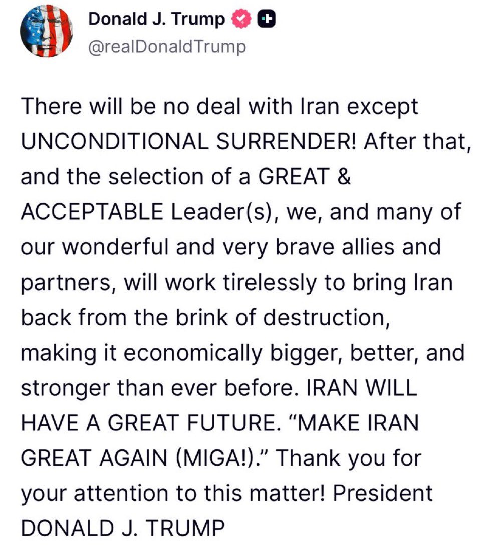 NiohBerg's tweet photo. Donald J Trump:

"There will be no deal with Iran except UNCONDITIONAL SURRENDER." https://t.co/HKlHpCgL3G