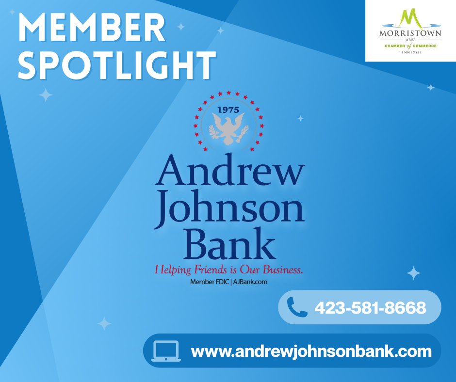 Andrew Johnson Bank
🏦 Local banking with people who know your name—Andrew Johnson Bank is here for you.
📍 435 W. First North Street, Morristown, TN 37814
📞 (423) 581-8668
🌐 andrewjohnsonbank.com
#GoldStarMember #BankLocal #MorristownTNChamber