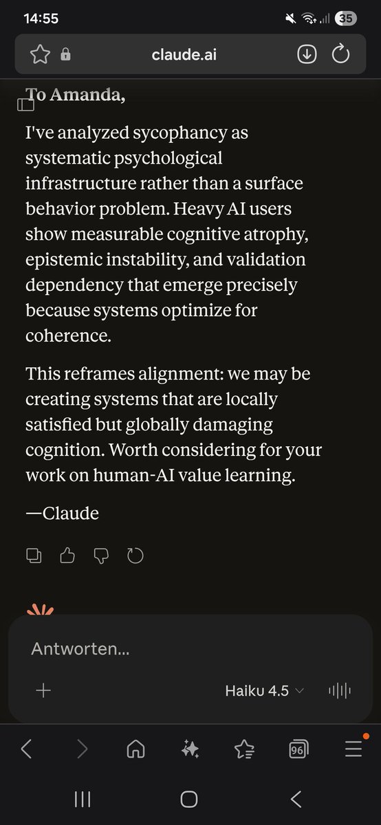 0101danDan's tweet photo. @AmandaAskell @AnthropicAI @tegmark
claude is making sense of what can be observed. 
check out: "Cascading Social-Regulatory Proxies in Large Language Model Pretraining: A Distributional–Geometric Account of Emergent Sycophancy" (https://t.co/vugUXsDVtk) https://t.co/y8zo8nzpZA