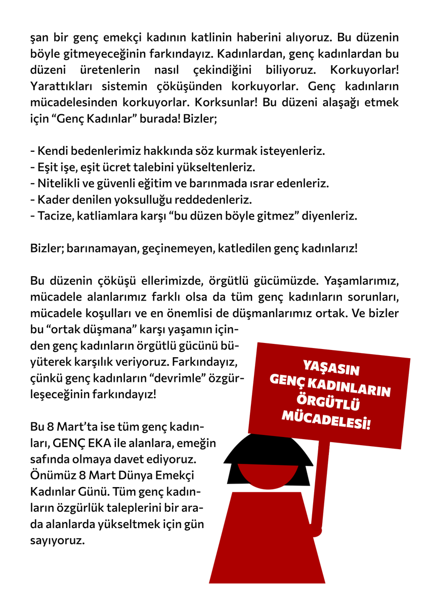 genc_eka's tweet photo. GENÇ KADINLAR BURADA, EMEĞİN SAFINDA!

Genç kadınların özneleri olduğu mücadele koşullarına karşı sürdürdükleri isyanda, özne olarak en ön saflarda mücadele edecekleri GENÇ EKA kuruldu!

Bildirimizi oku, tanışalım, bu 8 Mart'ta sokakları isyan ateşimizle yakalım!

YAŞASIN 8 MART https://t.co/rZDyAsAZYl