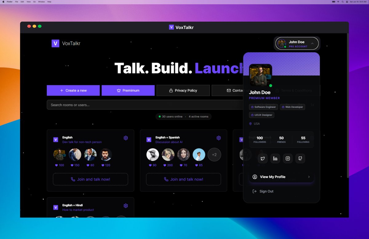 dhama_param's tweet photo. Just shipped a big UI glow-up for VoxTalkr! 🔥

Spent the last 4+ days polishing the homepage + rooms page — dark-mode vibes, clean gradients, real participant faces, language tags (English + Hindi/Spanish/French), heart-likes, follow/kick buttons, and that instant "Join and talk now" feel.

Still building the real-time voice magic behind it, but the look is coming together nicely 😎

Early access is already open if you want to poke around → https://t.co/ncUOK1lzte

What do you think of the new design?

- Gradient hits hardest? 
- Dark mode cleaner?  
- Anything missing?

Drop your honest feedback below — it'll help shape the next iteration! 👇

#BuildingInPublic #VoxTalkr #IndieHacker #SaaS #VoiceChat