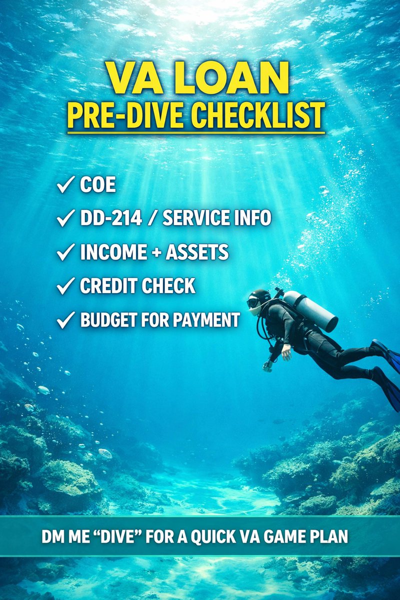raygeorgemort's tweet photo. Before a VA home loan, run this pre-dive checklist:

• COE (Eligibility)
• DD-214
• Income/Assets
• Credit check
• Monthly budget

Want me to help you get cleared to close with less stress?
DM “DIVE” &amp; I’ll map out your steps! 🤿 #VALoan #Mortgage #Scuba https://t.co/FLx2odoctF