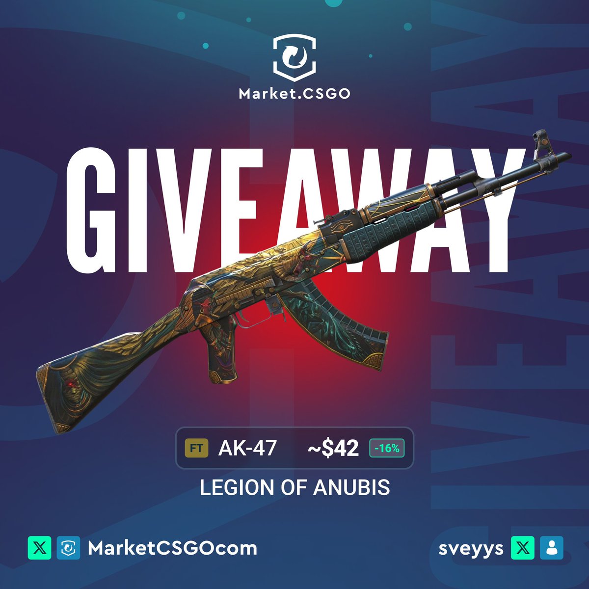🎁 AK-47 | Legion of Anubis (Field-Tested) 🎁

How to Enter:
1️⃣ Follow <a href="/MarketCSGO/">Market.CSGO</a> + <a href="/sveyys/">şevval</a>
2️⃣ Like and Retweet this post
3️⃣ Tag at least one of your teammate under the comment section

💥 Winner will be announced on March 13th.
⏰ Don't miss your shot at this epic skin! Good