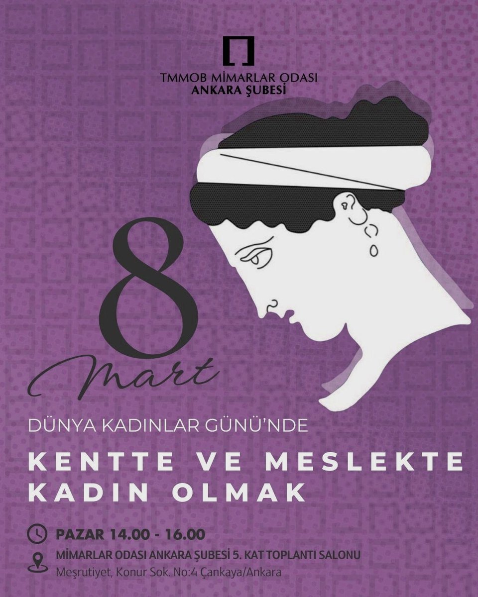 Forum: “Kentte ve Meslekte Kadın Olmak” 

#8Mart'ta, Özlem Erdoğdu Erkarslan’ın çerçeve sunuşu ve Duygu Tekin’in moderatörlüğünde Mimarlar Odası Ankara Şubesinde gerçekleştirilecek forumda, kadın mimarların kentte ve meslekte yaşadıkları deneyimleri hep birlikte konuşacağız.