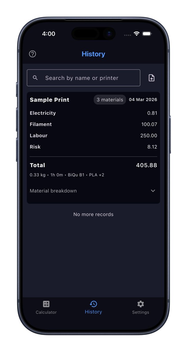 Multi-material support is coming to the 3D Print Cost Calculator.

Add multiple filaments to one print, assign weights, and calculate the real cost of multi-colour prints.

onelink.to/ub6kxd

#3DPrinting