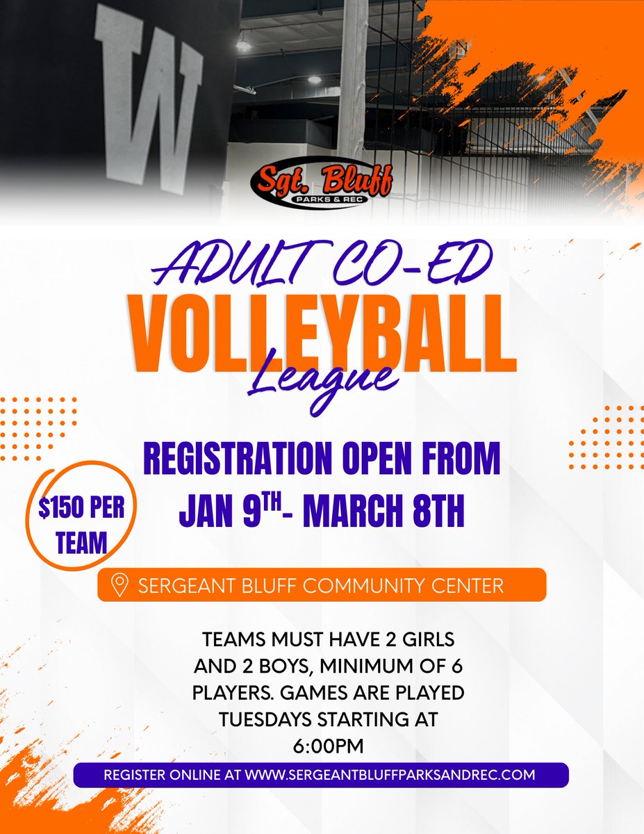 Sgtbluffrec's tweet photo. There are only 2 days left to register for the 2026 Adult Volleyball League! Don’t miss your chance— register today! 🏐 https://t.co/UXjJkgSONN