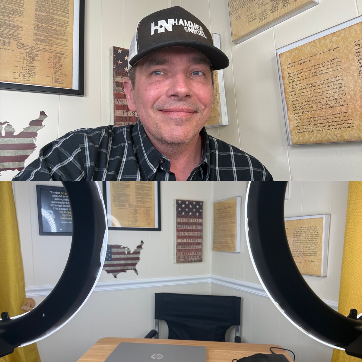 jasonalanhammer's tweet image. About to record with @dandakich on his @Outkick show. Look for it later at Outkick.com. This is the set-up I use at home for cable news/media hits. #Merica