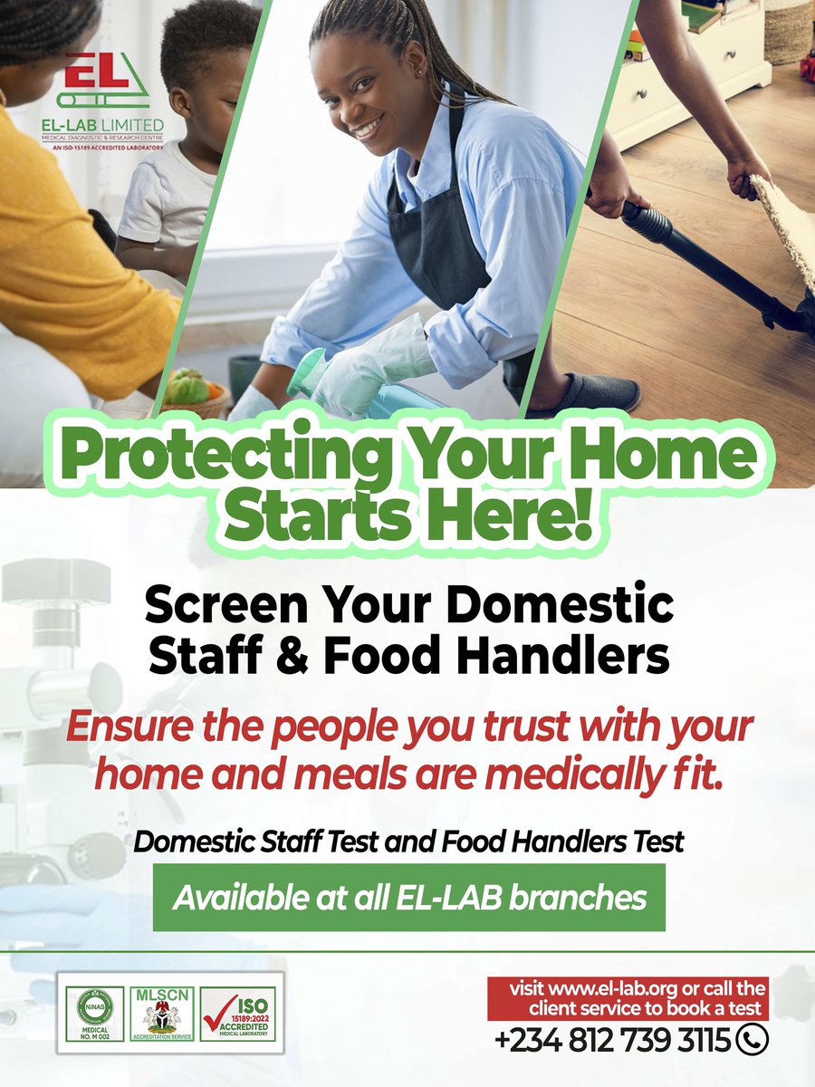 Ellab_ng's tweet image. Your home deserves safe hands. 🏡
Screen your domestic staff and food handlers today with EL-LAB.

Call: 08127393115 or DM us for more enquiries!

Visit our website: el-lab.org to book a test.

#ELLABCares #QualityDiagnostics