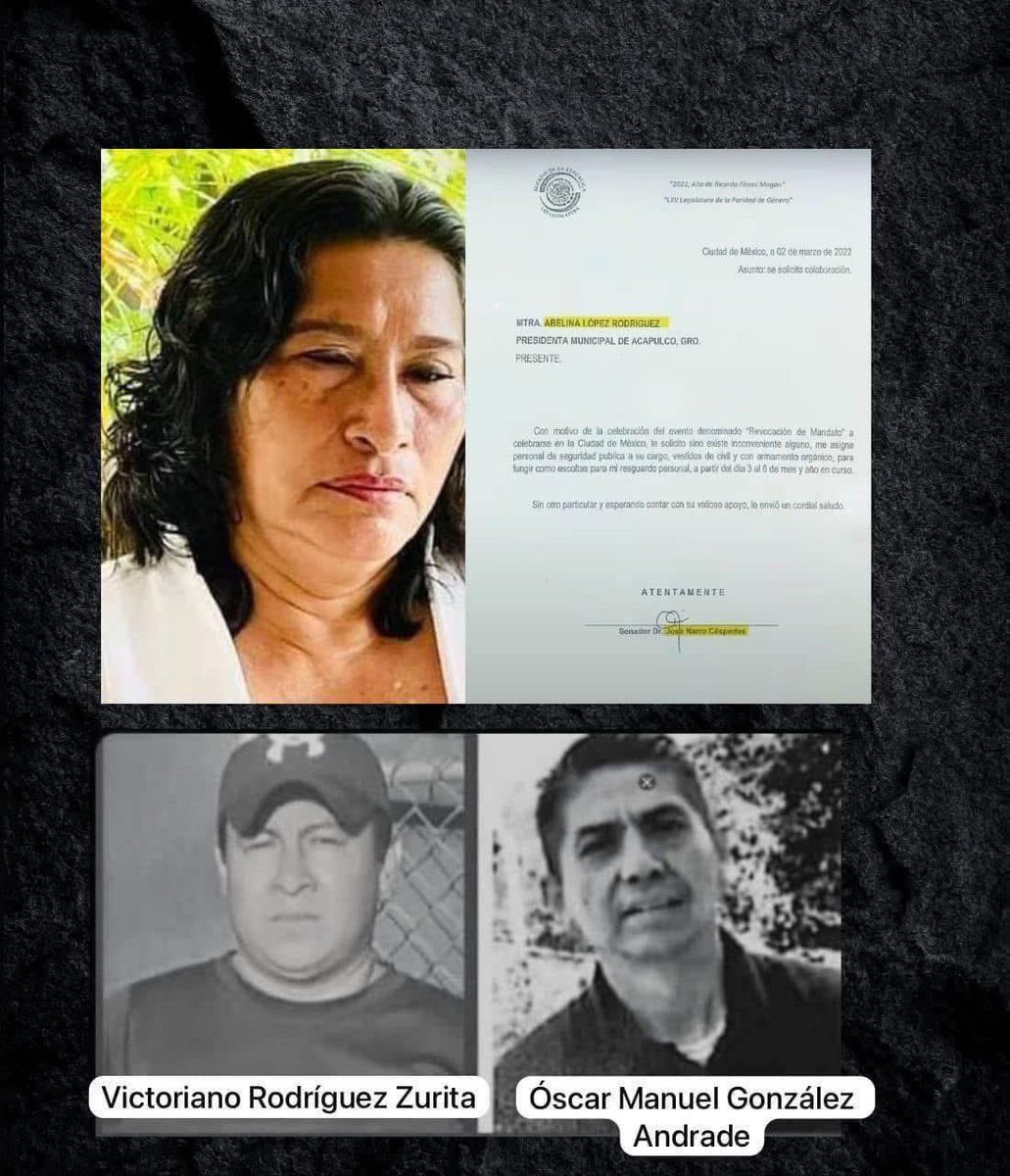 ramirosolorio's tweet photo. 🚨 Abelina es culpable de los dos marinos desaparecidos.
🚨 Abelina no está presa.
🚨 Ya son 4 años de impunidad.
🚨 Ayer volvieron a protestar familiares de los dos marinos desaparecidos.

Se cumplen 4 años años de los 2 marinos desaparecidos, que fueron asignados como escoltas por la alcaldesa Abelina López Rodríguez al senador de Zacatecas José Narro Céspedes

Los familiares de los marinos Óscar Manuel González Andrade y Victoriano Rodríguez Zurita, han protestado muchas veces, frente al Senado de la República, Palacio Nacional, Semar…

Los marinos que ilegalmente fueron enviados como escoltas por Abelina López, estaban asignados a la Secretaría de Seguridad Pública de Acapulco.

- El 2 de marzo de 2022, el senador José Narro Céspedes envió un oficio a la alcaldesa de Morena, para que le proporcionara “personal de seguridad pública a su cargo”.

- La presidenta giró la instrucción al secretario de seguridad pública, Maximiliano Serrano Pérez, y asignaron a los marinos Óscar Manuel González Andrade y Victoriano Rodríguez Zurita, como escoltas del senador José Narró Céspedes.

- Desde el 6 de marzo de 2022, los familiares de los marinos empezaron a protestar por la desaparición de sus familiares, presentaron las denuncias y se abrieron dos carpetas de investigación.

- El 26 de junio de 2023, por la desaparición de los dos marinos, fue detenido el ex secretario de seguridad pública de Abelina López, Maximiliano Serrano Pérez. SIGUE PRESO.

- El 10 de agosto de 2023, fueron vinculados a proceso y llevados a prisión tres personas más, Erika Beatriz Ruiz Carballo, y los agentes Martín Pastor Martínez y Edgar Peralta Ledezma, por ocultar información sobre la desaparición de los dos marinos.

- Los que están presos hasta ahora, son solamente empleados que cumplieron la instrucción ilegal de Abelina López, es evidente que la alcaldesa que dio la orden, jefa de la administración pública municipal, que fue quien recibió el oficio del senador para proporcionarle escoltas, es la responsable directa.

Los familiares de los marinos han exigido justicia. 
Nunca tuvieron eco en la sociedad.
Pero sigue preso el secretario de seguridad pública de Abelina, y tres personas más, aún no se ha detenido a quien dio la orden a sus subalternos, para asignar escoltas ilegales que terminaron desaparecidos.
Ya son 4 años, ABELINA LÓPEZ SIGUE EN LA IMPUNIDAD, y no solamente eso, fue reelecta en Acapulco, de ese tamaño es la burla, la complicidad y la impunidad.

#OjosEnAcapulco
@Mr_Civico 
@jorgegogdl
