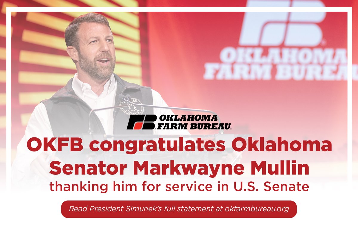 okfarmbureau's tweet photo. Oklahoma Farm Bureau President Stacy Simunek issued a statement yesterday after President Donald Trump announced the selection of U.S. Sen. Markwayne Mullin to serve as Homeland Security Secretary.

Read President Simunek's full statement at https://t.co/gHlIVA7SjC https://t.co/AteO35sVeh