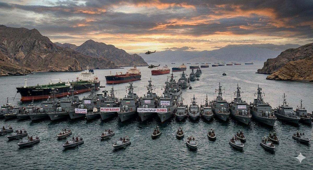 phiyu286281's tweet photo. Berikut adalah visualisasi dramatasi mengenai penutupan Selat Hormuz. Gambar ini menampilkan blokade militer dengan kapal-kapal perang dan helikopter yang menutup jalur pelayaran penting tersebut di bawah langit yang mendung.
#BeritaNasional
#IranIsraelWar 
#Iran 
#SelatHormuz https://t.co/CYZgPHiveM
