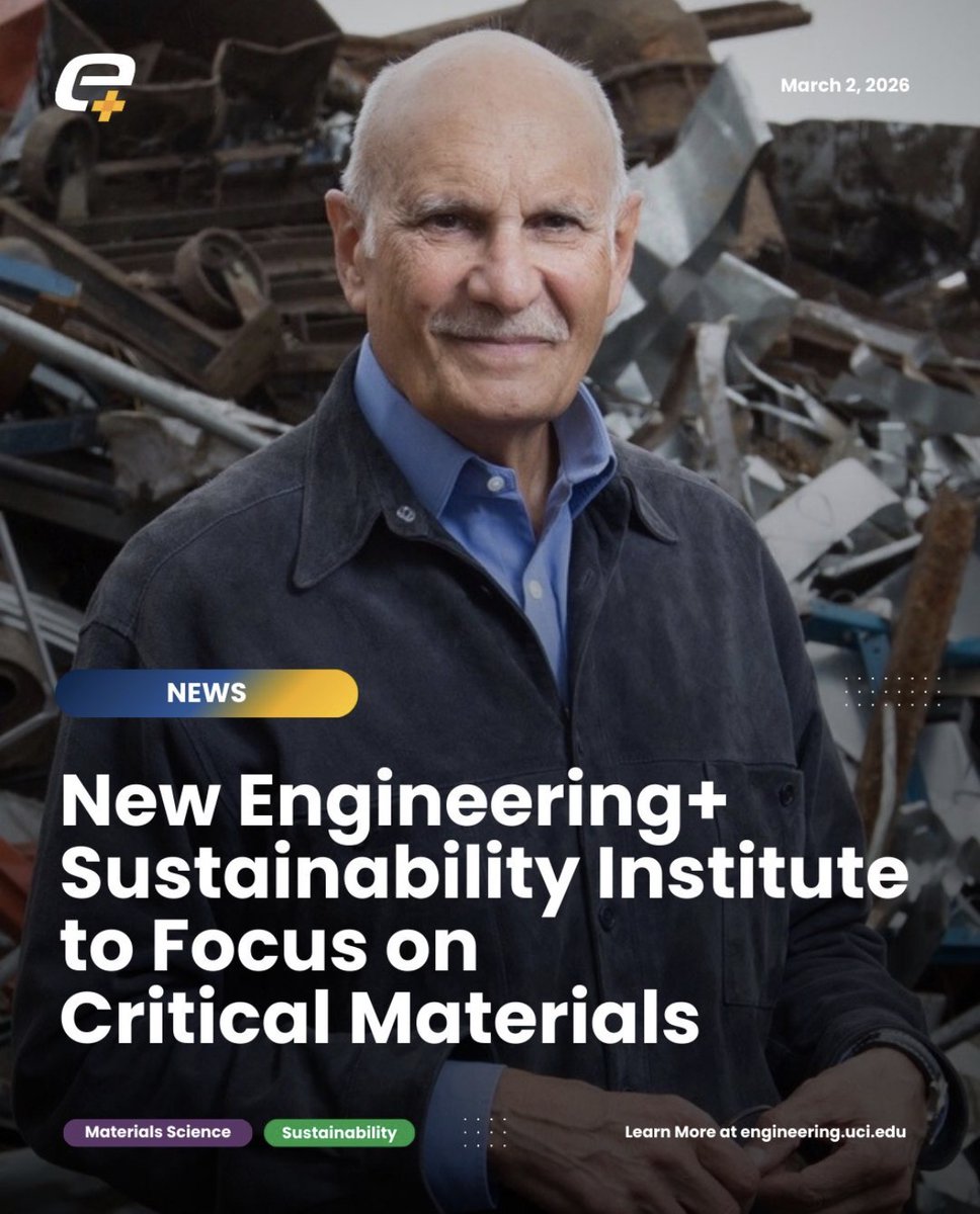 ACRCmetals's tweet photo. The @UCIEngineering at @UCIrvine  has just announced the new Engineering+ Sustainability Institute, which will focus on the #sustainable processing of critical materials. @ApelianDiran will do-direct.
https://t.co/mIS7v1mRJb https://t.co/aUYN4mRaxv