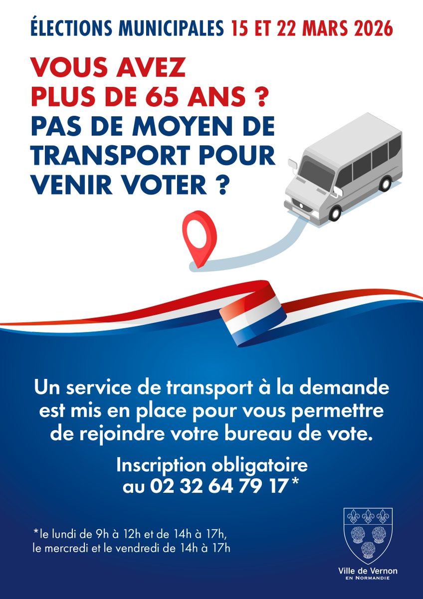 🗳️ J-7 avant les élections

Vous avez plus de 65 ans et pas de moyen de transport pour vous rendre à votre bureau de vote ?
Un service de transport à la demande est mis en place pour vous permettre de voter 

📞 Inscription obligatoire au 02 32 64 79 17

📆 Horaires d’inscription