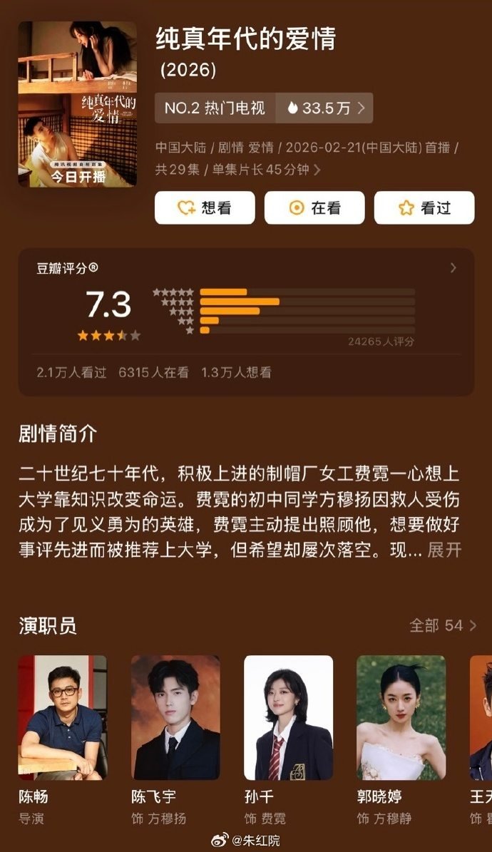 MyAsianDramaonX's tweet photo. The recently finished television series, #LoveStoryInThe1970's, featuring #ChenFeiyu and #SunQian, achieved a #Douban score of 7.3, with more than 24,000 ratings submitted.
In addition, this TV series also broke its own record, surpassing 100 million views in a single day! https://t.co/nYtO61FA2V