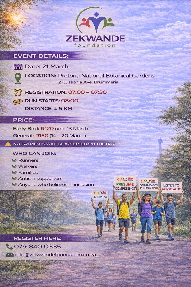 Join us this Human Rights Day for a 5km Walk &amp; Talk for Nonspeakers at the Pretoria National Botanical Gardens. 

Let’s celebrate Human Rights Day by supporting the right of every person to communicate and be heard. 

#NonspeakingAutistics #InclusionMatters  #WalkForAutism