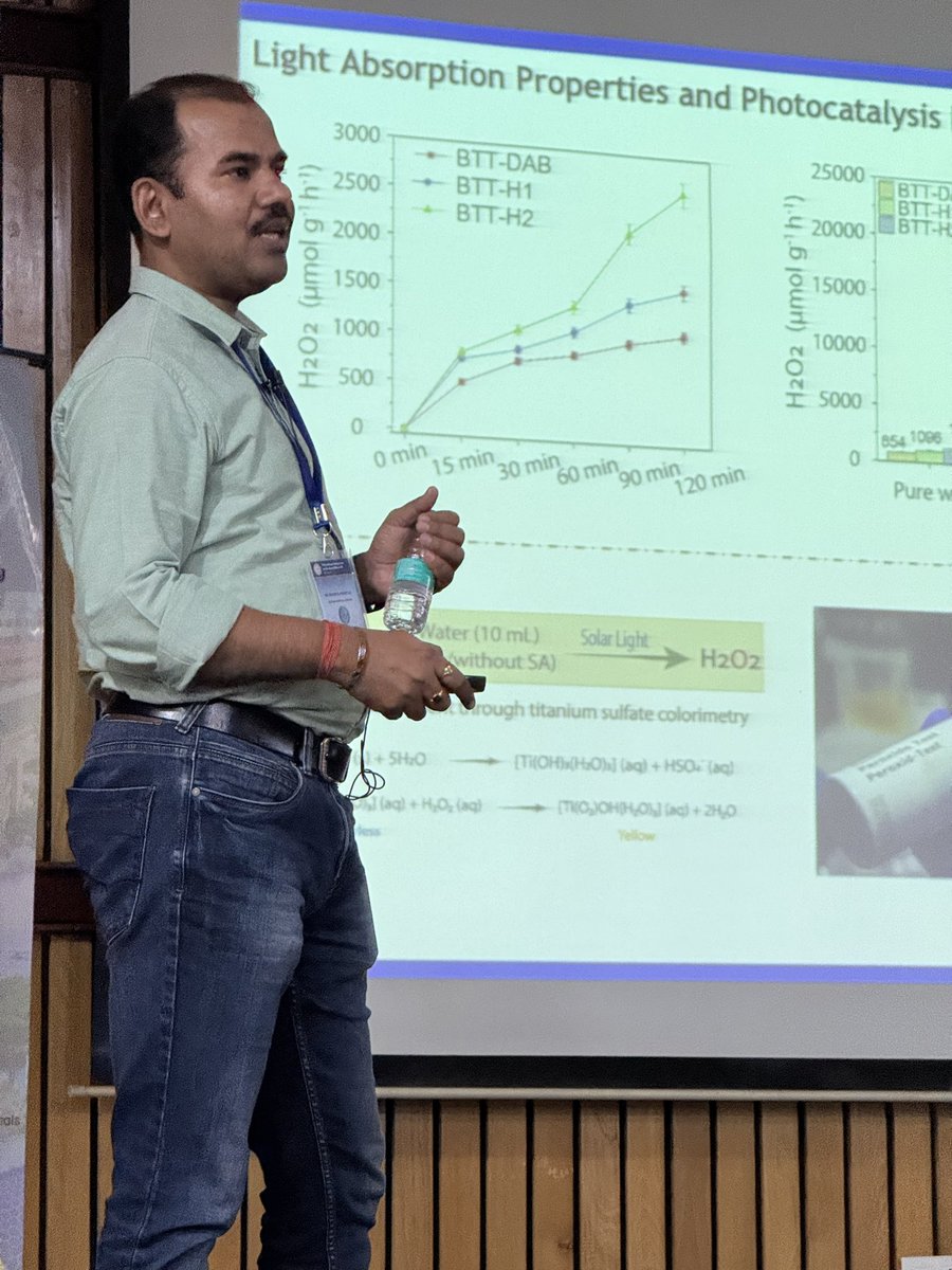 Chemistry_IITK's tweet photo. At #ISAM2026, Pradip @ps_pachfule (SN Bose Institute) discussed exciting advances in photocatalytic water splitting using sunlight, promising directions for clean hydrogen and H2O2 production. https://t.co/twMlJkSaGn