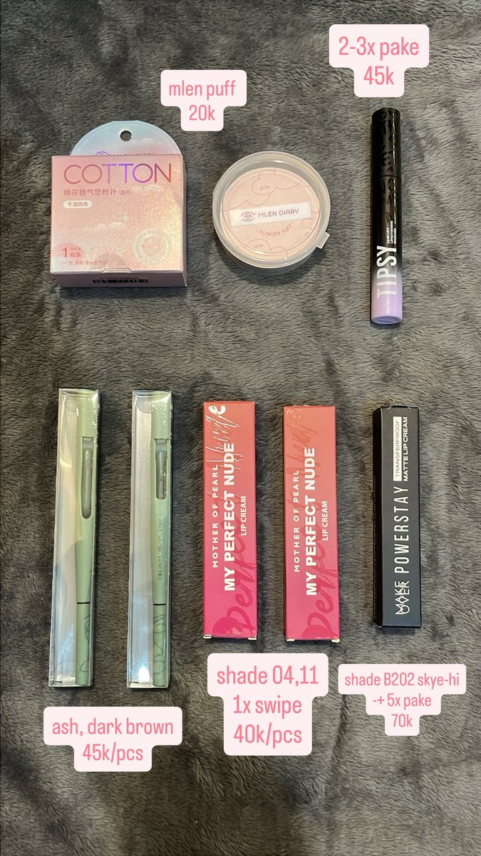 p14039's tweet photo. Make up nih guyss
-Luxcrime NEW ash and brown (45k)
-MOP PRELOVED 04&amp;11 (40k)
-Makeover skye-hi PRELOVED (70k)
-Mlen puff NEW (20k)
-Somethinc tipsy PRELOVED (45k) https://t.co/cOqE8OmP8k