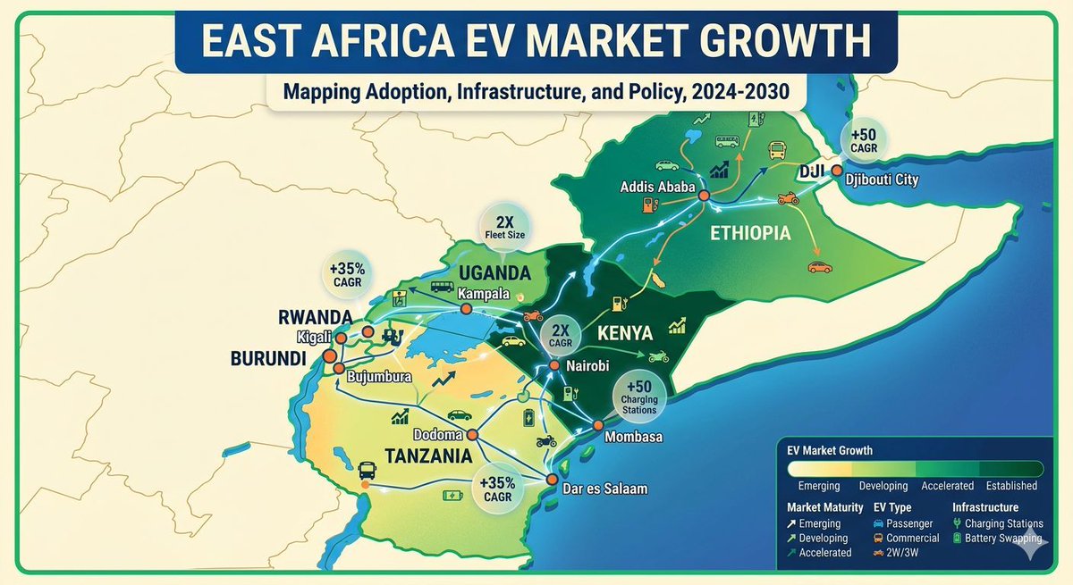 Africa has crossed a major threshold with over 150,000 electric vehicles now on the road.

The momentum is undeniable: EV segments like buses and motorcycles are seeing 30–44% year-over-year growth, signaling a permanent structural shift.

The East African Powerhouse:

🇪🇹