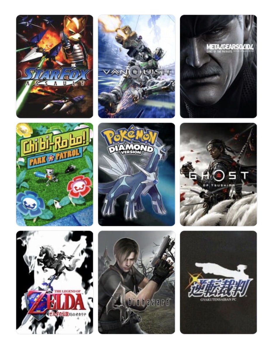 Ginnosukedon's tweet photo. 私を構成する9つのゲーム
1. スターフォックス アサルト
2. Vanquish
3. Metal Gear Solid 4
4. 咲かせて！ちびロボ！
5. ポケットモンスター ダイヤモンド
6. ゴースト オブ ツシマ
7. ゼルダの伝説 時のオカリナ
8. バイオハザード4
9. 逆転裁判
#私を構成する9つのゲーム
https://t.co/pDr8VZDCz5 https://t.co/KlWWYwpkx8