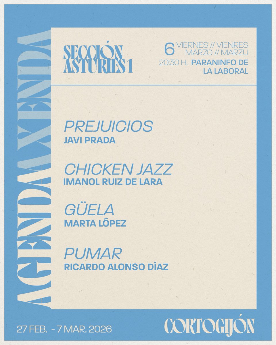 ⚫️ ‘Cineclub del Milán’
📍 Aula 11 edificio departamental del Milán, Oviedo 17:30h
⚫️ ‘Sesión Especial La Quimera -Tesis 30 aniversario-’
📍 Escuela de Comercio 18:30h
⚫️ ‘Premiere Seccion Asturias’
📍 Paraninfo Laboral 19:30h

⚫️ ‘Seccion Asturias I’
📍 Paranindo Laboral 20:30h