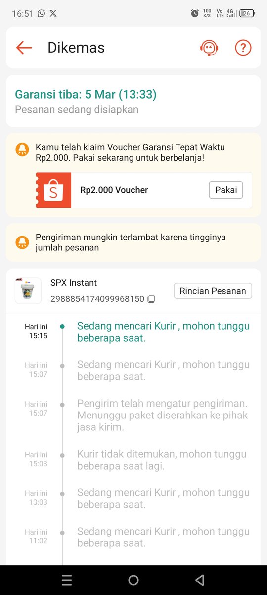 ChelarisaIcha's tweet photo. @ShopeeID @ShopeeCare Halo min, tolong dibantu dong saya ada pesan menggunakan pengiriman instant namun sudah H+1 ini masih saja belum menemukan driver, saya butuh barangnya segera!! percuma saya pesan instant tp barang tidak datang di hari H.  garansi tiba 5 maret loh.. https://t.co/3dOvEBupv4