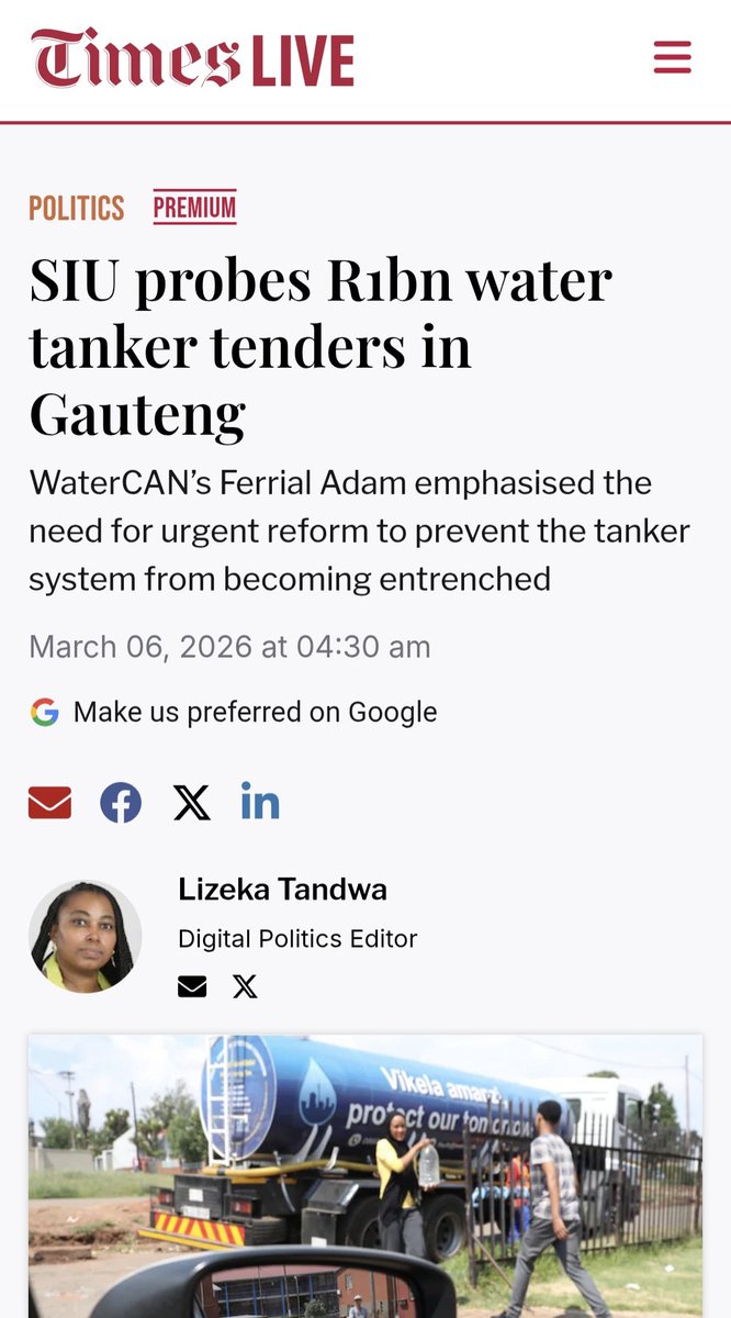 The SIU is probing water tanker tenders in Gauteng, particularly those involving the City of Tshwane and City of Johannesburg municipalities, amid allegations of widespread irregularities and corruption in procurement. Over R1 billion in Tshwane last year 😫😫🤯🤯.