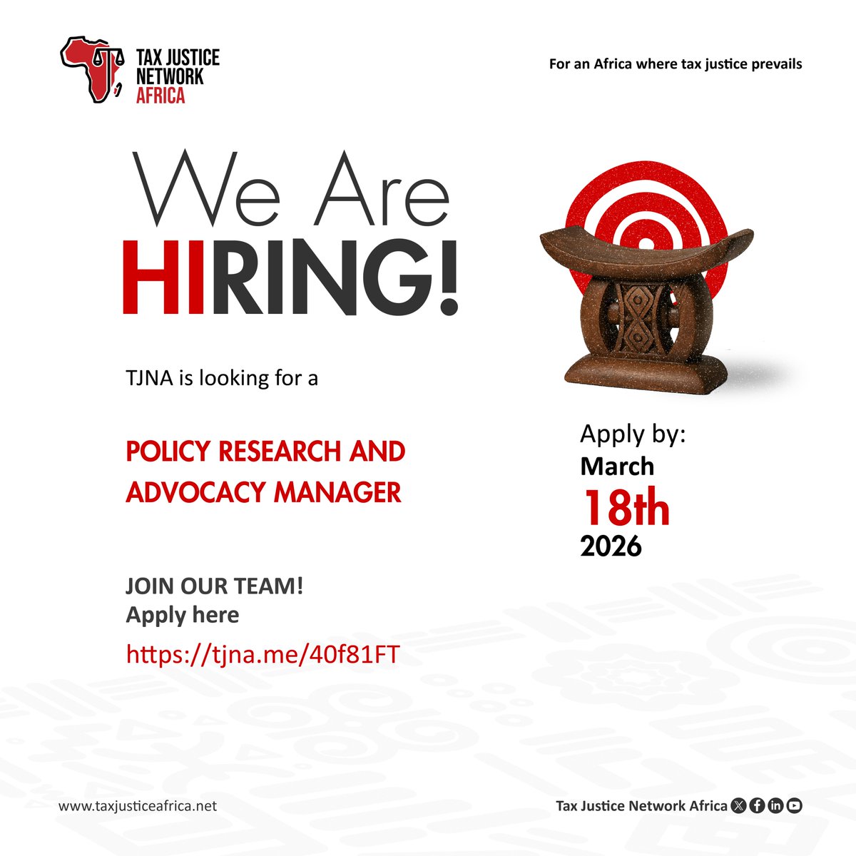 📢 We are hiring!

TJNA invites applications for the Policy Research and Advocacy Manager position.

This role will lead TJNA’s policy unit by driving research coordination, policy engagement, and advocacy strategy across the organisation’s key thematic areas. The successful