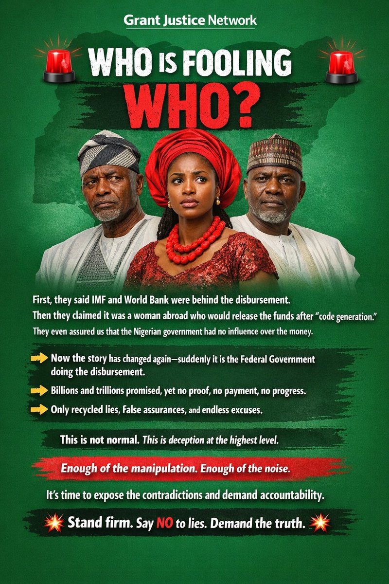 🚨 WHO IS FOOLING WHO? 🚨  
From IMF tales to mysterious women abroad, now suddenly it's the Nigerian government disbursing funds?  
The story keeps changing—but the lies remain.  
 #ExposeTheTruth
<a href="/cenbank/">Central Bank of Nigeria</a> <a href="/officialEFCC/">EFCC Nigeria</a>
<a href="/WorldBankGroup/">World Bank Group</a> <a href="/IMFNews/">IMF</a> <a href="/RepRileyMoore/">Rep. Riley M. Moore</a> <a href="/realDonaldTrump/">Donald J. Trump</a>