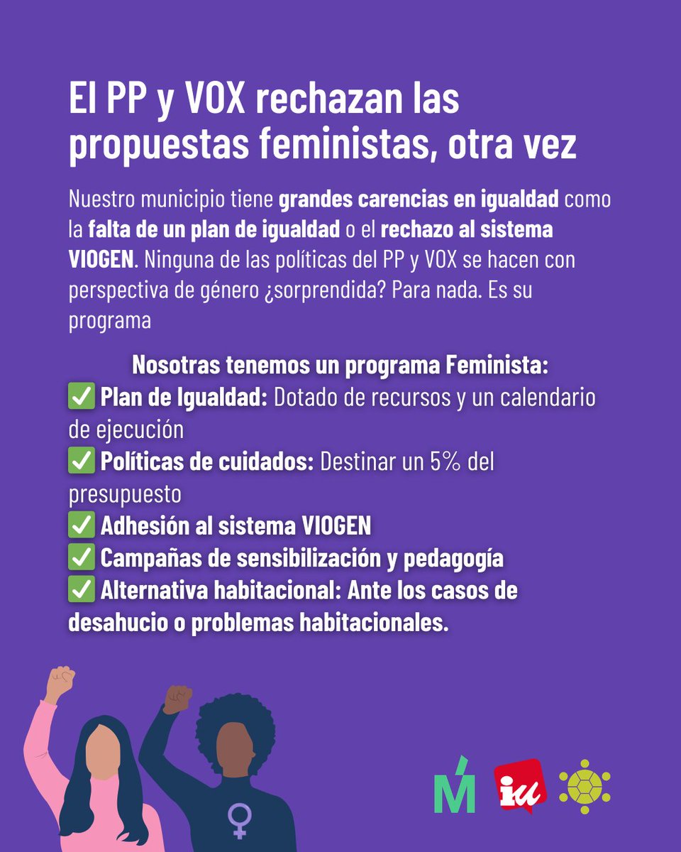 📢🟣Nosotras tenemos un programa para #Galapagar. Un programa #feminista

Otros, el PP, tiene el programa ultra de VOX y gobernar sin más del 50% de la población del pueblo, sin las mujeres. 

#8M