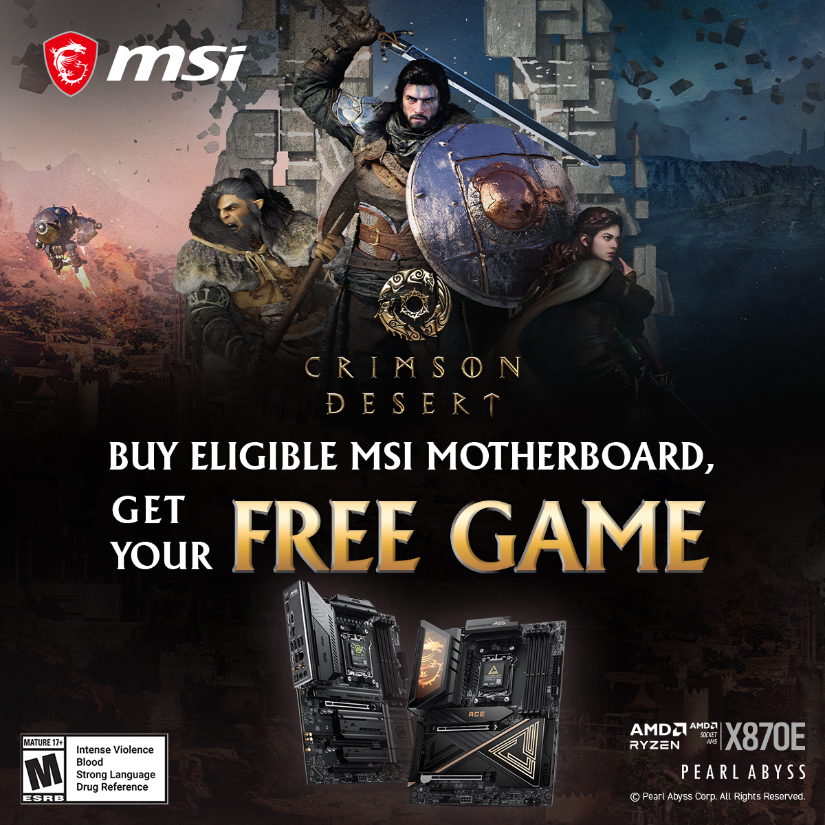 ProgenixZA's tweet photo. Gear up for the ultimate quest! 💥

Purchase a qualifying MSI motherboard and receive Crimson Desert 🗡️. Your legend starts now! 🌿🎮

Valid until 6 April 2026 or while stocks last 👉 https://t.co/lUMnyEQX93 https://t.co/y3N4RoVWmU