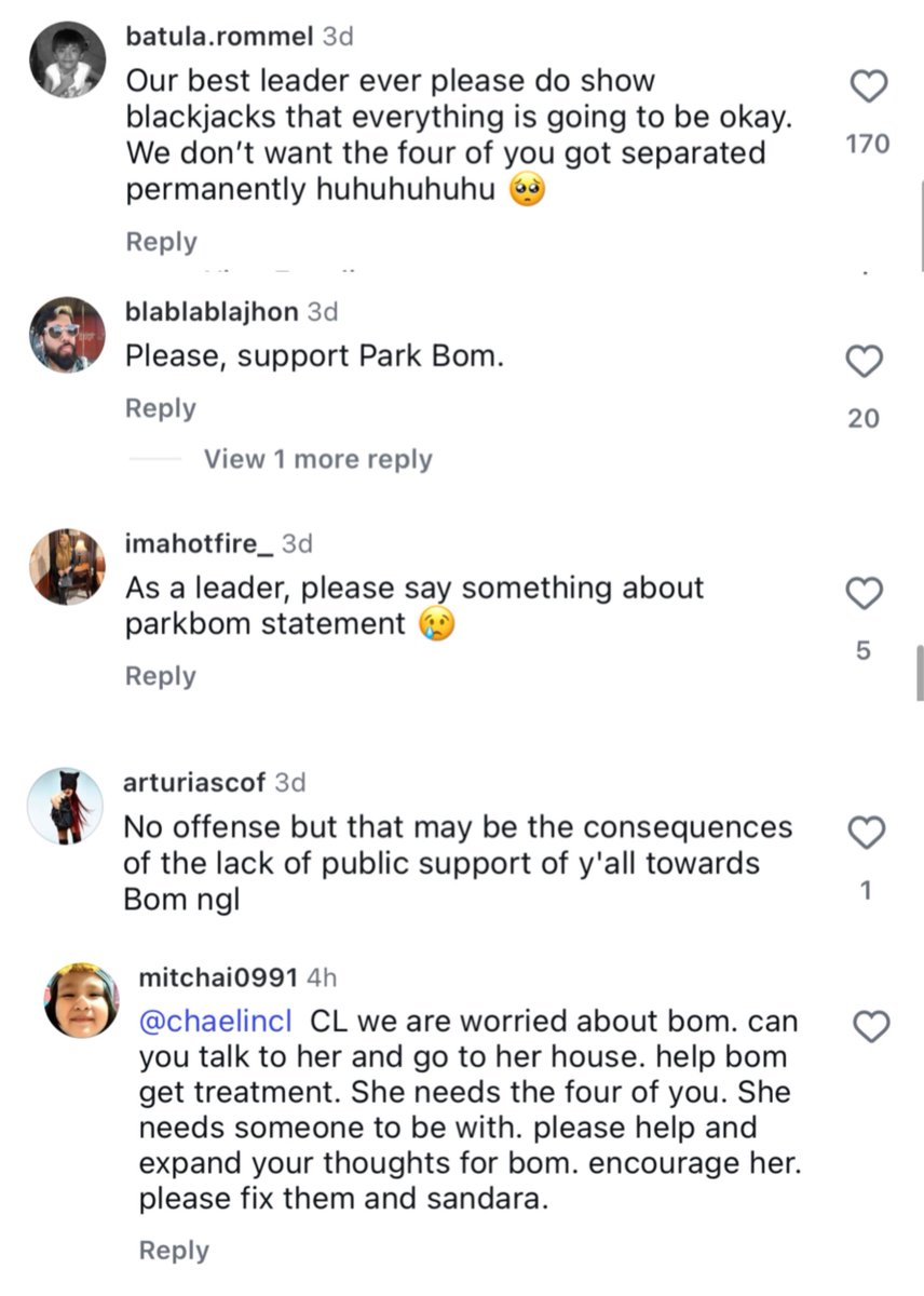 onIychaerin's tweet photo. this is SAD. why should CL answer for other people’s actions?why is she always expected to be the bigger person to absorb the public’s pressure, manage the group’s image, comfort the fans &amp; now even rehabilitate their fav? 

Pls leave lovely comments of supporting CL under her IG https://t.co/6KXfQaKOsv