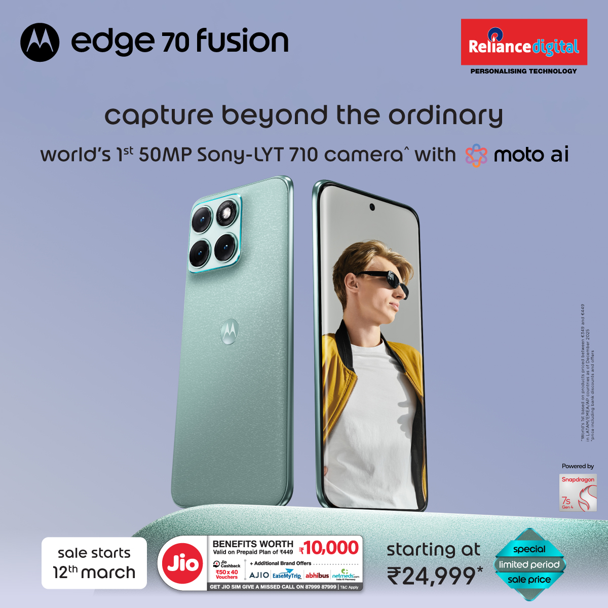 motorolaindia's tweet photo. The motorola edge 70 fusion raises the bar with the world’s first 50MP Sony LYTIA™ 710 camera with motoAI. 

Sale starts 12th March on Flipkart, https://t.co/azcEfy2uaW and at leading retail stores.
Grab yours for just ₹24,999*

#MotorolaEdge70Fusion #CaptureBeyondTheOrdinary https://t.co/i9snB48onM