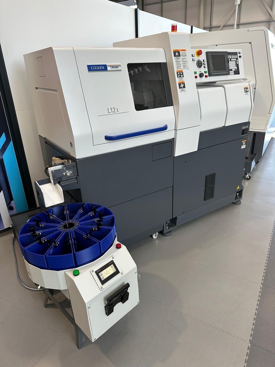 CitizenCNC's tweet image. Equipped with a modular tooling system on the gang and back tool posts for maximum versatility, the #CitizenCNC #Cincom L12-X takes small diameter performance to another level. Featuring a component collector from partner @J_SEngineering. #UKmfg