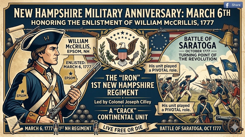 From Epsom to Saratoga: A New Hampshire Hero’s Journey 🛡️

On this day in 1777, a man named William McCrillis from Epsom, NH, did something that changed the course of his life—and our history. He signed his name to enlist in the 1st New Hampshire Regiment.